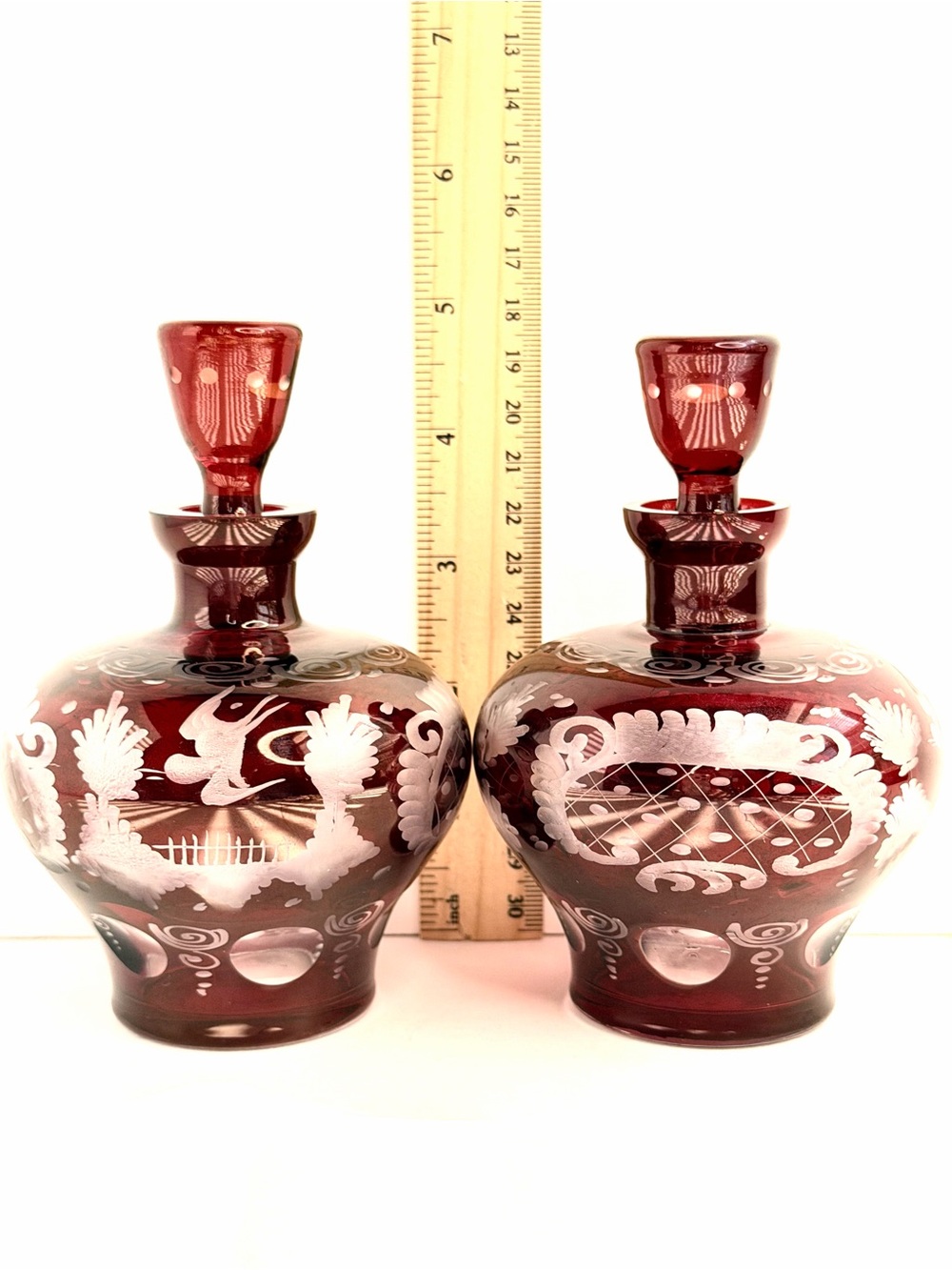 Egermann Ruby Cut To Clear Bohemian CZECH ART GLASS Bottles w/ Stoppers Set of 2 - Picture 6 of 16